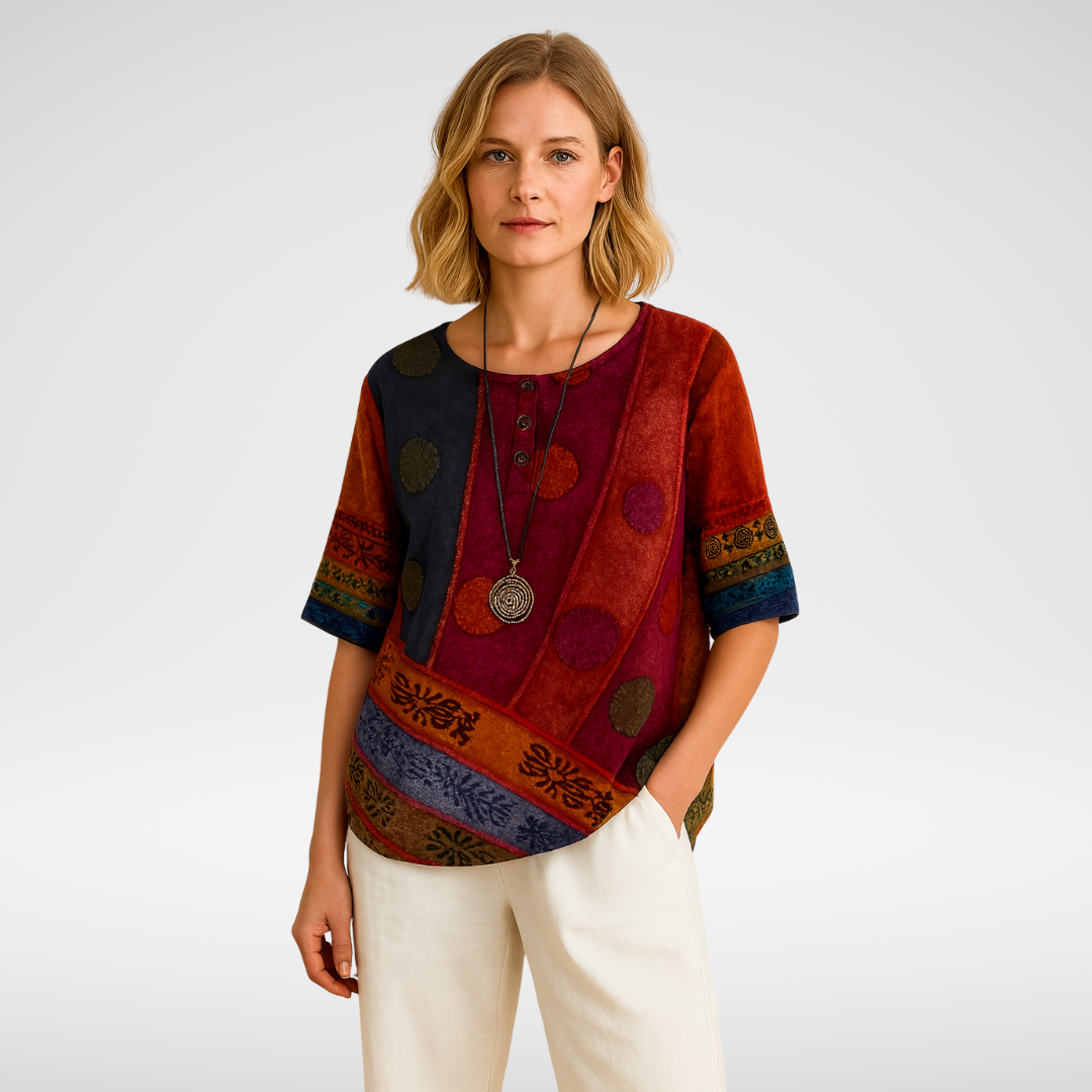 Maria – miękka bluzka z artystycznym nadrukiem