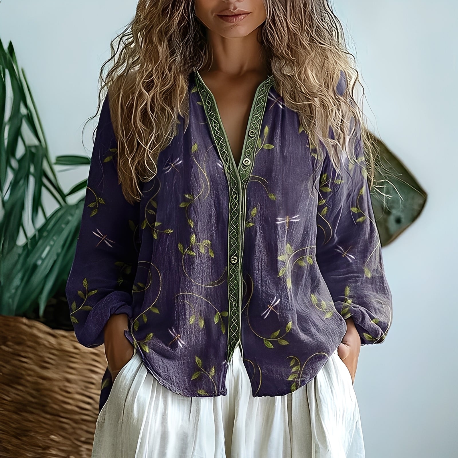 Maria – vintage bluzka z nadrukiem liści